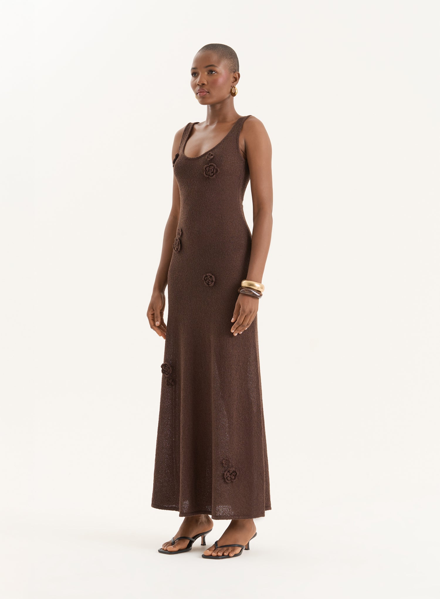Brown Crochet Flower Detail Knitted Maxi Dress